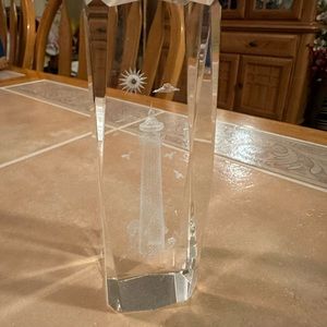 Crystal Paperweight Etched inside W/ Lighthouse and Seagulls